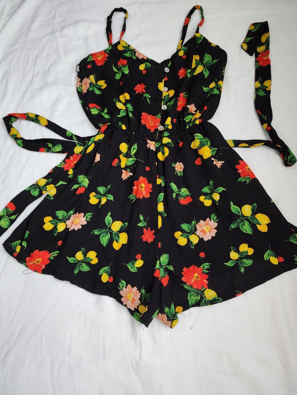 As U Wish Black Floral One-Piece Romper with Yellow & Red Accents